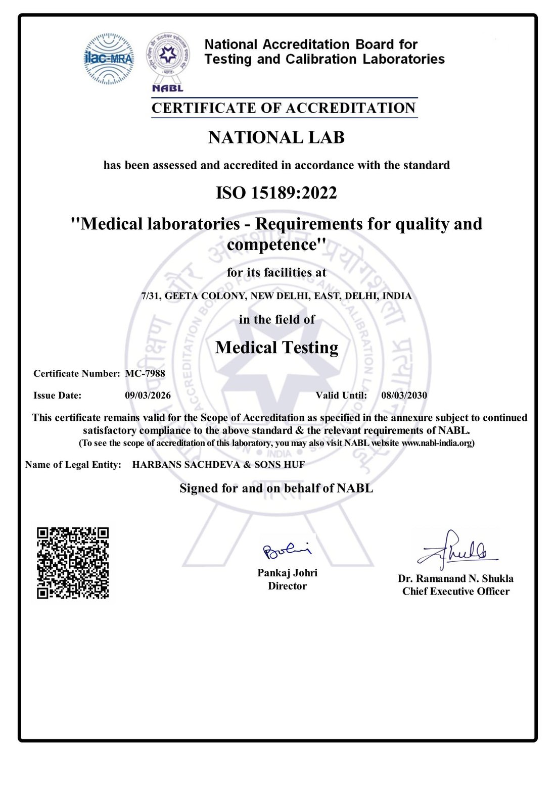 NABL Certificate of Accreditation MC-7988